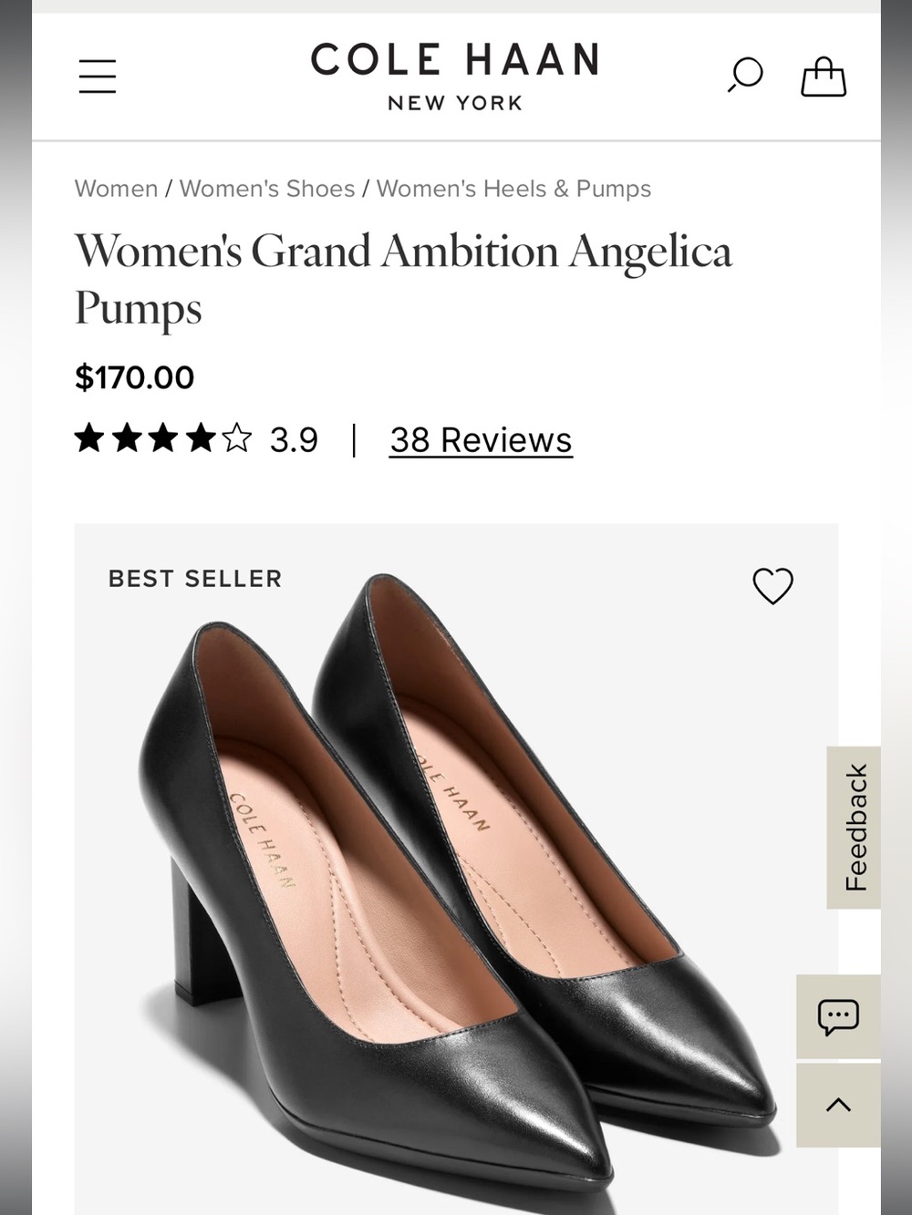 Cole Haan Black Leather Pointed-Toe Block Heel Pumps